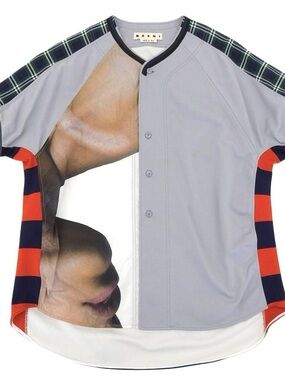 Marni Light Gray Graphic Baseball Jersey with Red-Navy Stripes